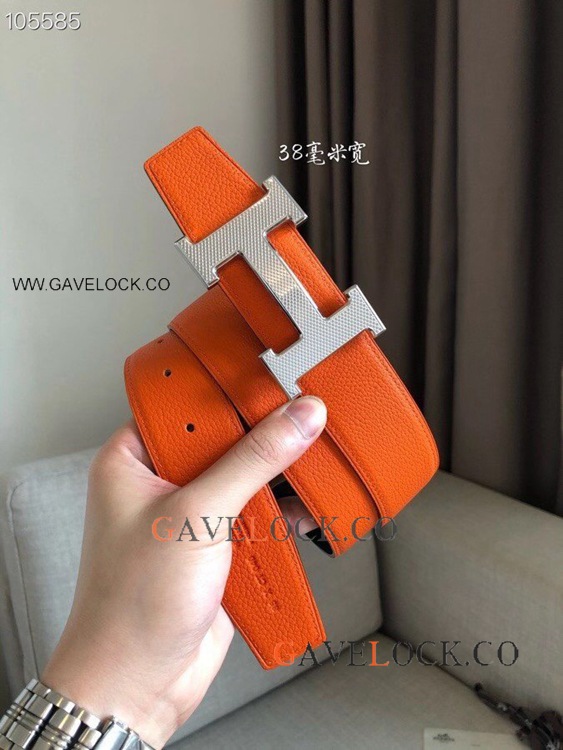 Hermes Belts Fake Black Orange Reversible Leather Strap 38MM